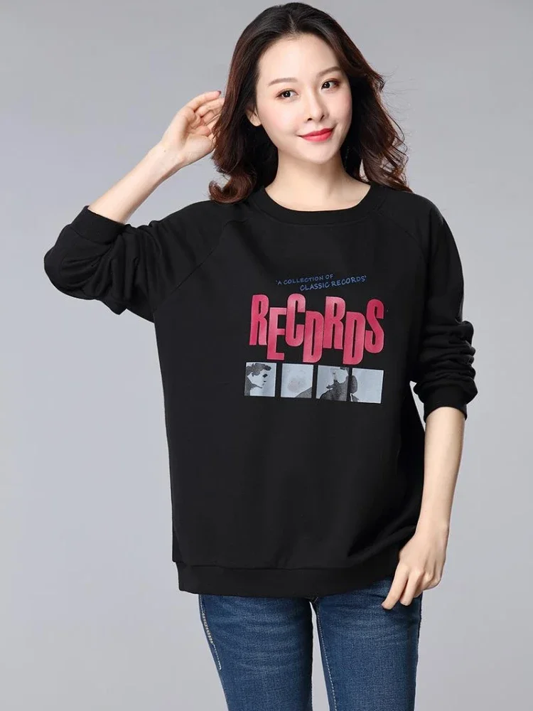 

With Orint on Top Round Neck Black Letter Printing Sport Text Woman Clothing Pullovers Women's Sweatshirt Matching Aesthetic Emo