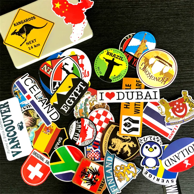 38Pcs/Set Luggage Stickers Set Countries Cities Travel Pegatinas Toys PVC Waterproof  Decal Fridge Skateboard Room Decorate