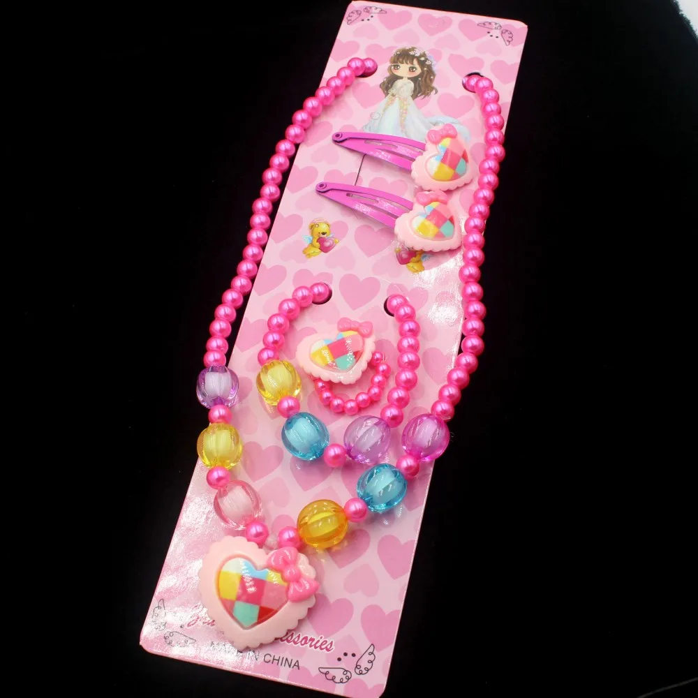 1set Charming Handmade Heart Beaded Kids Jewelry Set - Includes Necklace, Bracelet, Hair Clips Perfect gift for Princess 2