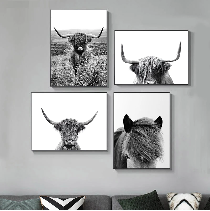 Black And White Highland Cow Farmhouse Decorative Wall Art Canvas