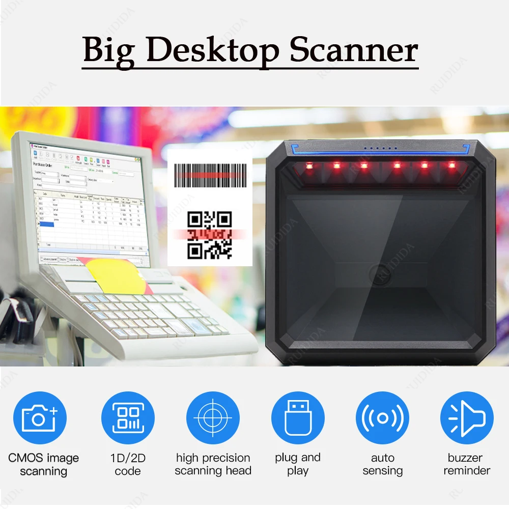 scanner printer 1D 2D Supermarket Hands-Free Barcode Bar Code Scanner QR Code PDF417 USB Platform Big Desktop Reader Wired Store Shop Scanning computer scanner