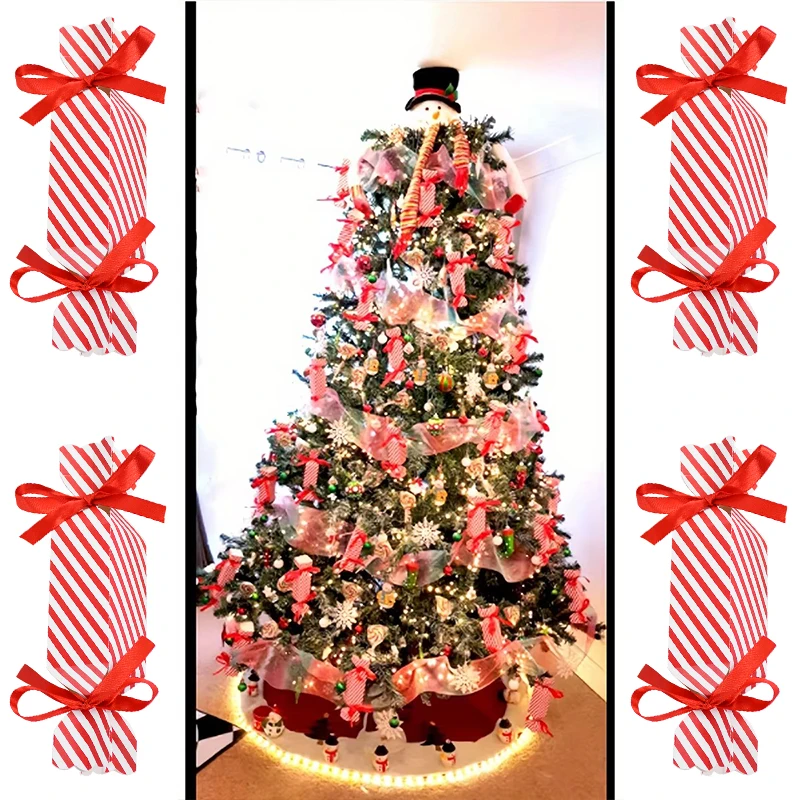 10/50pcs Christmas Red Candy Box with Ribbons Chocolate Cookies Packaging Bag DIY Xmas Tree Ornaments Decoration Wedding Party