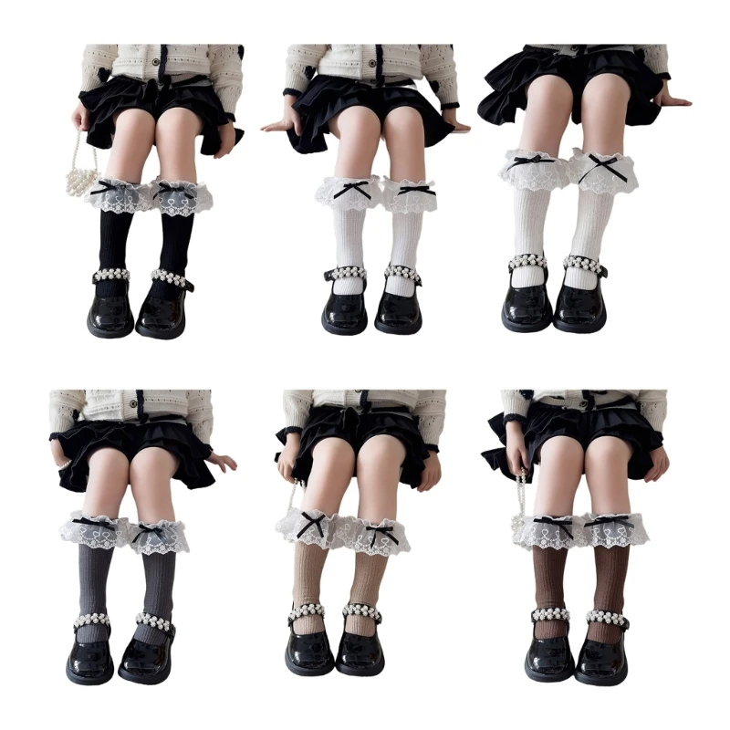 

1 Pair Children's Middle Calf Socks with Lovely Lace Bows Decor Breathable Under Knee Length Stockings Kids Shower Gift
