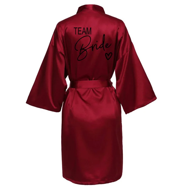 Wedding Party Team Bride Robe With Black Letters Kimono Satin Pajamas Bridesmaid Bathrobe SP003 Wine Red