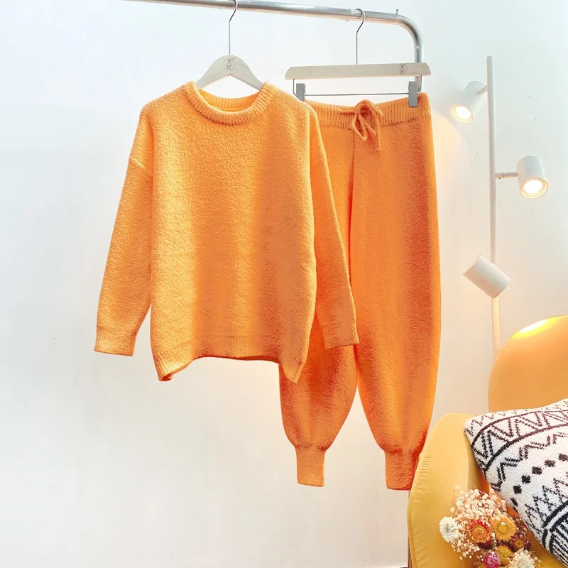 Warm Pajamas Set Women Autumn Winter Plus Velvet Thickening Simple Solid Color Wool Soft Home Clothes Ankle-tied Pants Pijamas fashion trend cute sweet bear all match autumn and winter new loose simple pajamas plus velvet thick warm home clothes