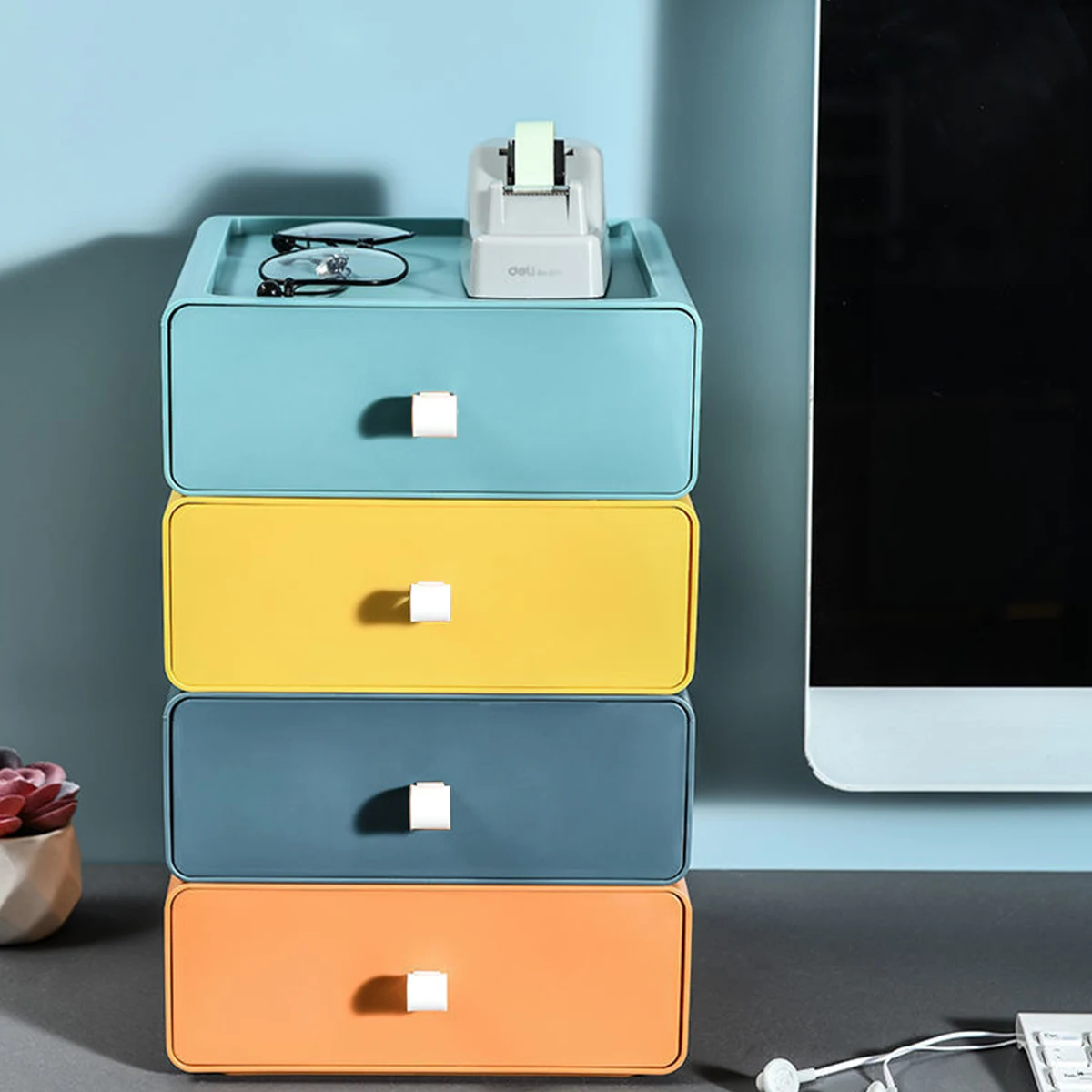 Caja de almacenamiento de escritorio, cajones apilables con asa