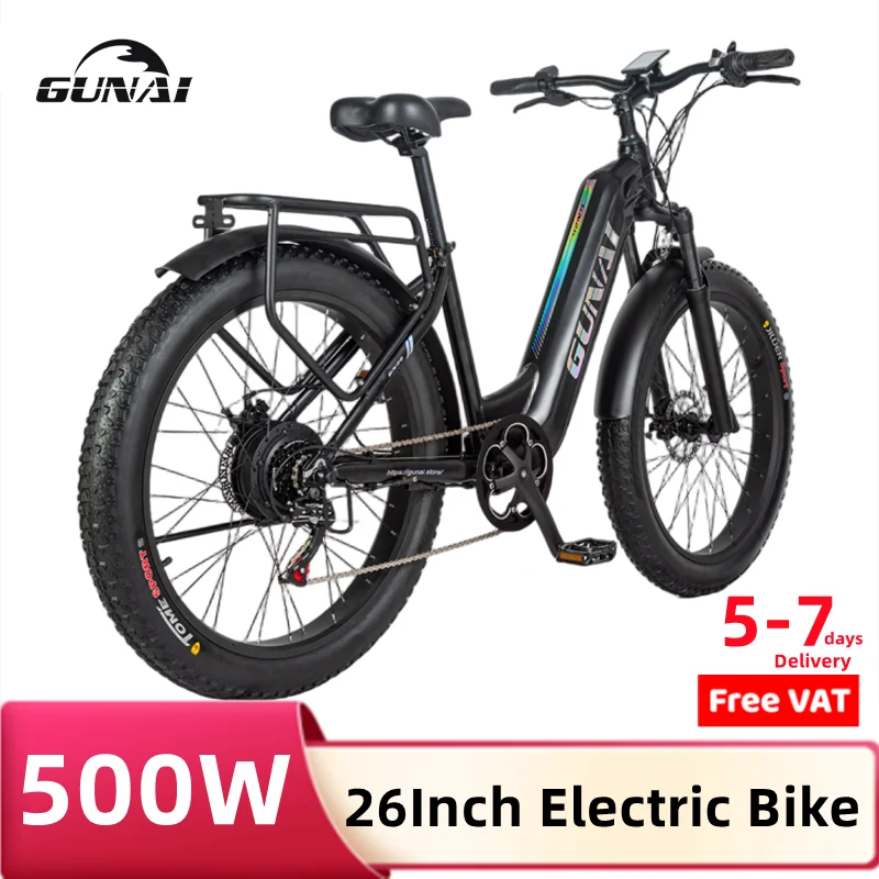 Gunai Bicicletta Elettrica 500W Motore 26 Pollici Fat Tire Electric Ebikes 48V 17Ah Batteria Samsung 7 Velocità Con Mudguar Bici Da Neve Per Adulti