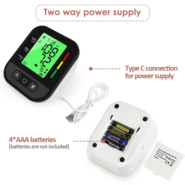 ELERA Blood Pressure Monitor Fast Shipping Backlight 22-48cm Large Arm Big  Cuff LCD Automatic Type C Connection - AliExpress