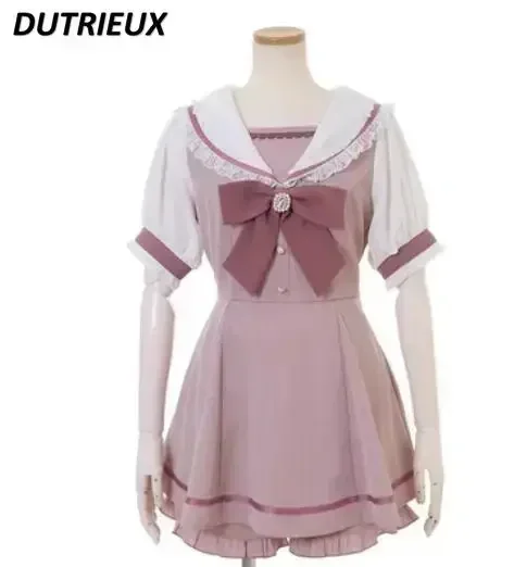 Japanese Style Women's Outfits Sailor Collar Plaid Rhinestone Bow Dress Shorts Set Sweet Lolita Mine Series Dress Two-Piece Suit 6
