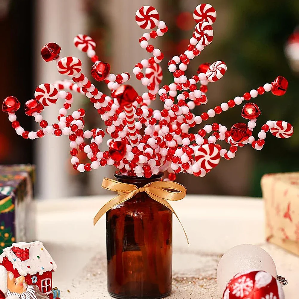 Christmas Tree Decoration Red/White Candy Bells Beads Curly Pick Branch Xmas Ornaments Garland Vase Decor Home Office Party Gift Christmas Decorations