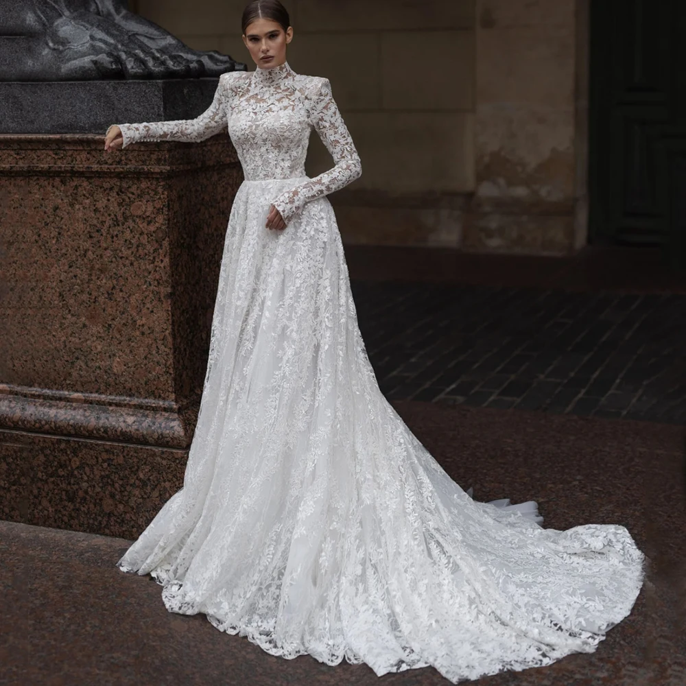 

Luxury High Neck Illusion Lace Wedding Dress Long Sleeves A-Line Floor Length with Buttons Bridal Sweep Train Church Gowns Robe