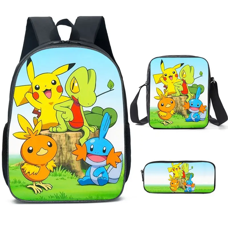 

3PC-New Product Pokemon Elf Schoolbag Student Polyester Breathable Comfort Lightening Large Capacity Fully Printed Shoulder Bag