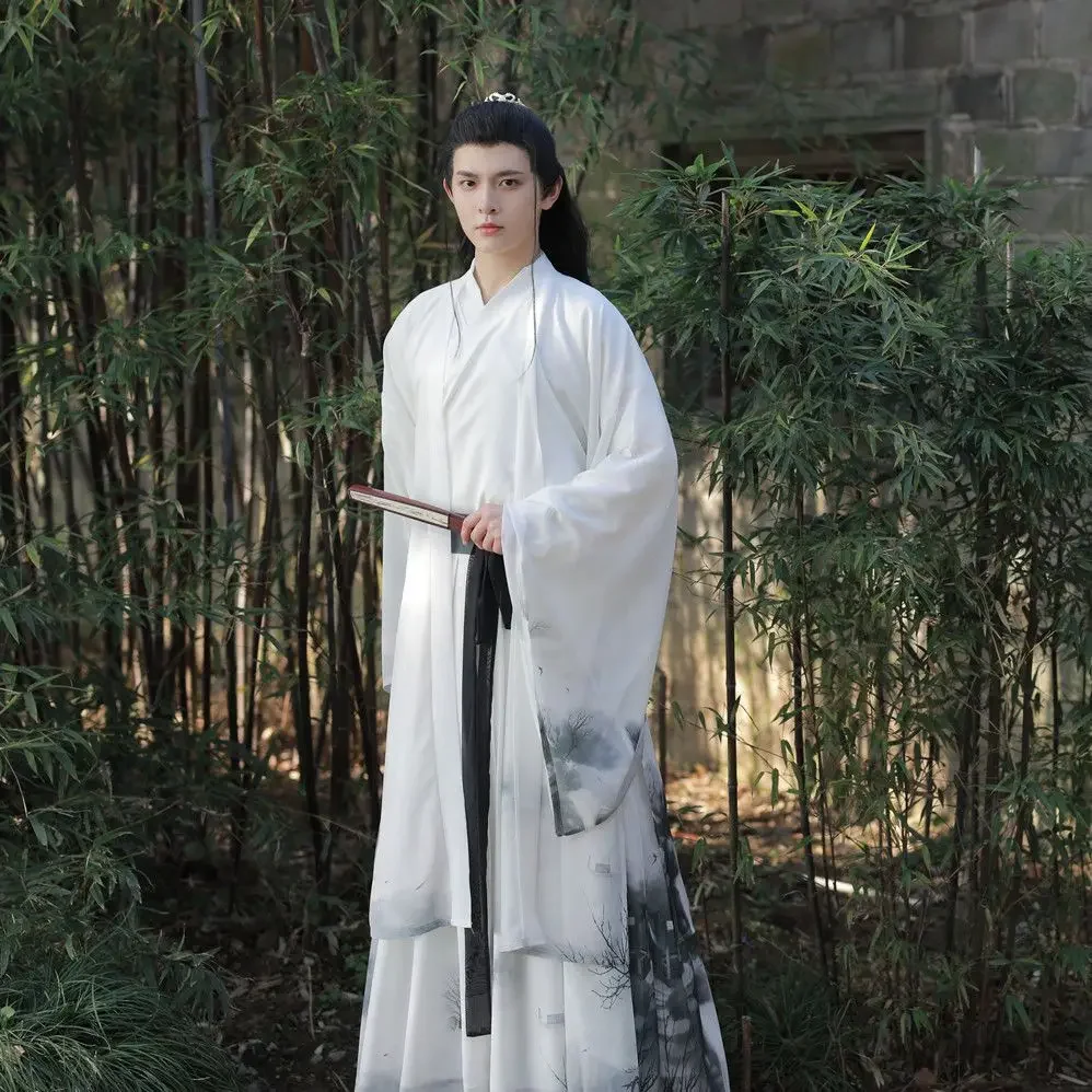 

2024 retro chinese wei jin dynasty men hanfu set fairy knight-errant temperament hanfu suit landscape printing wide sleeves set