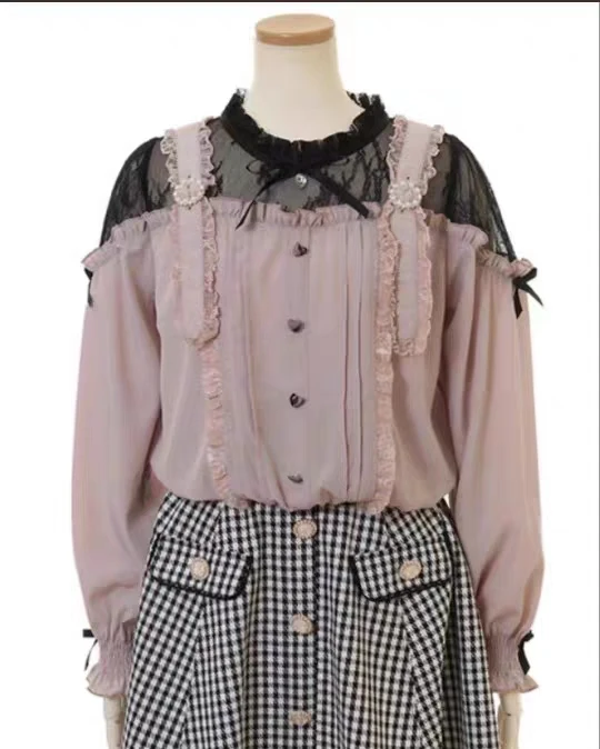 Japanese Cute Mine Mass-Produced Blouse 2023 Autumn New Kawaii Double-Shoulder Strap Off Shoulder Slimming Long Sleeve Shirt