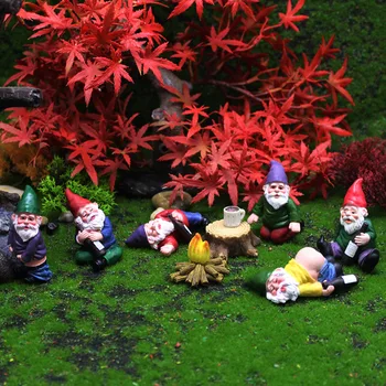 5/6/9 Pcs Drunk Gnome Resin Set Mini Dwarf Campfire Statue Waterproof Fairy Tale Garden Outdoor Patio Lawn Landscape Decoration