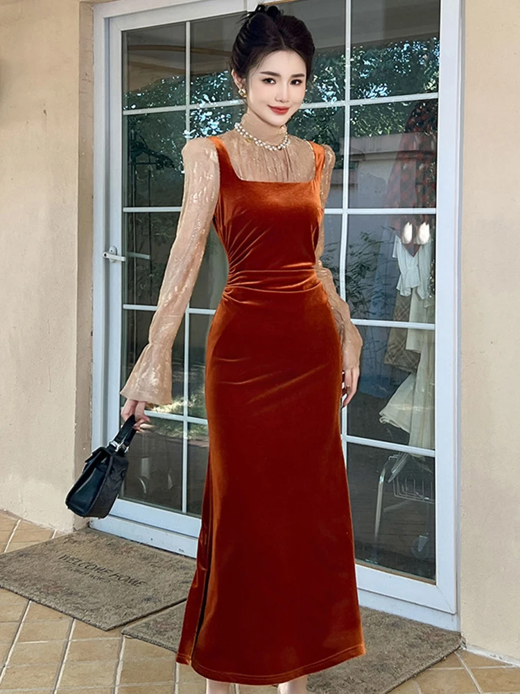Celebrity Women's Retro Long Dress Velvet Sheer Mesh Splice