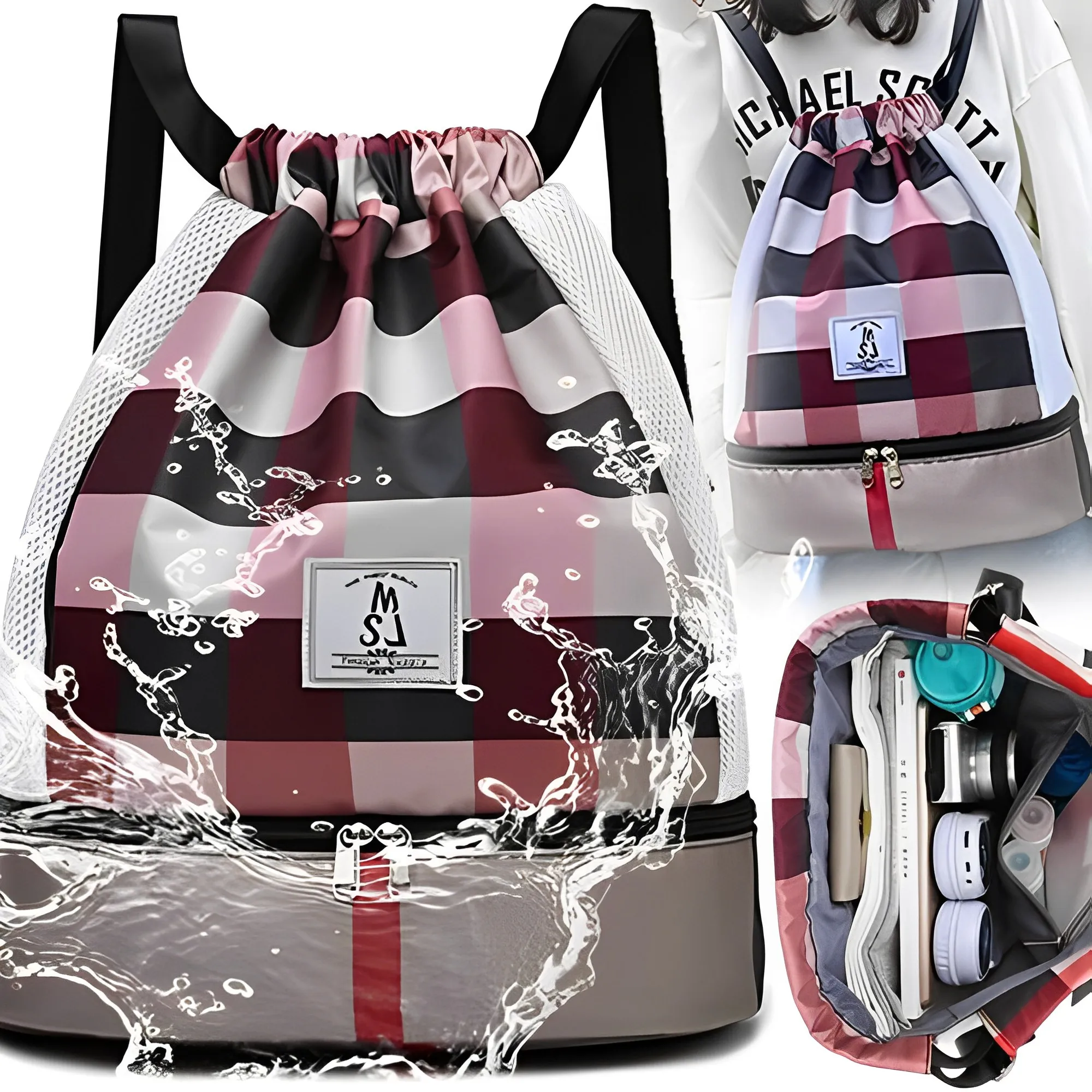 DrawstringSportsBackpacksStripedTravelBackpackBagsforWomenMen