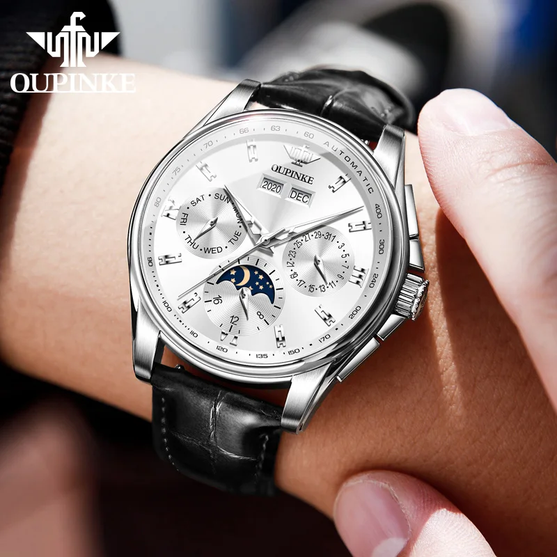 OUPINKE Original Automatic Mechanical Watch for Men Leather Waterproof Luxury Brand Moon Phase Men's Wristwatches Reloj Hombre