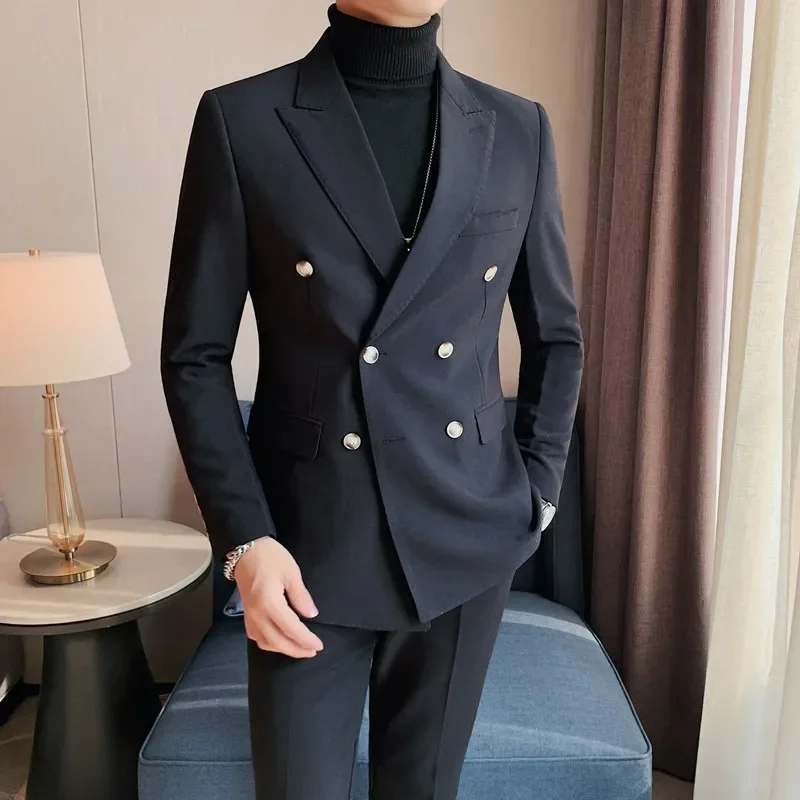 Autumn British Style Slim Fit Double Breasted Blazer Men 2024 New Business Casual Suit Coats Male Office Wedding