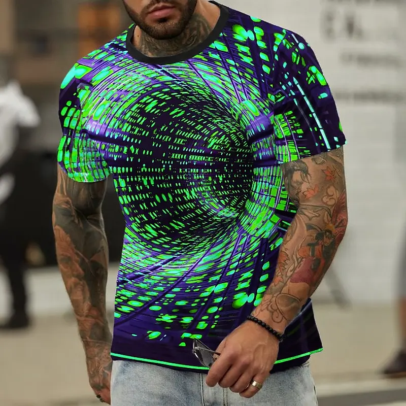 Camiseta de manga corta con estampado 3D luminoso para hombre, ropa de calle de gran tamaño, cuello redondo