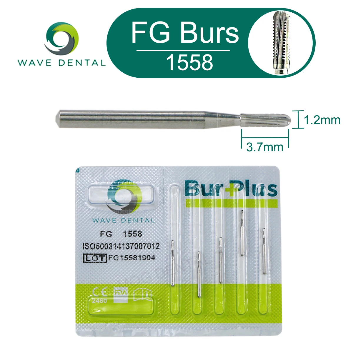 

PRIMA WAVE Dental Burs Tungsten Carbide FG1558 Straight Fissure Head Rounded End Cross Cut Dental Drill for High Speed Handpiece
