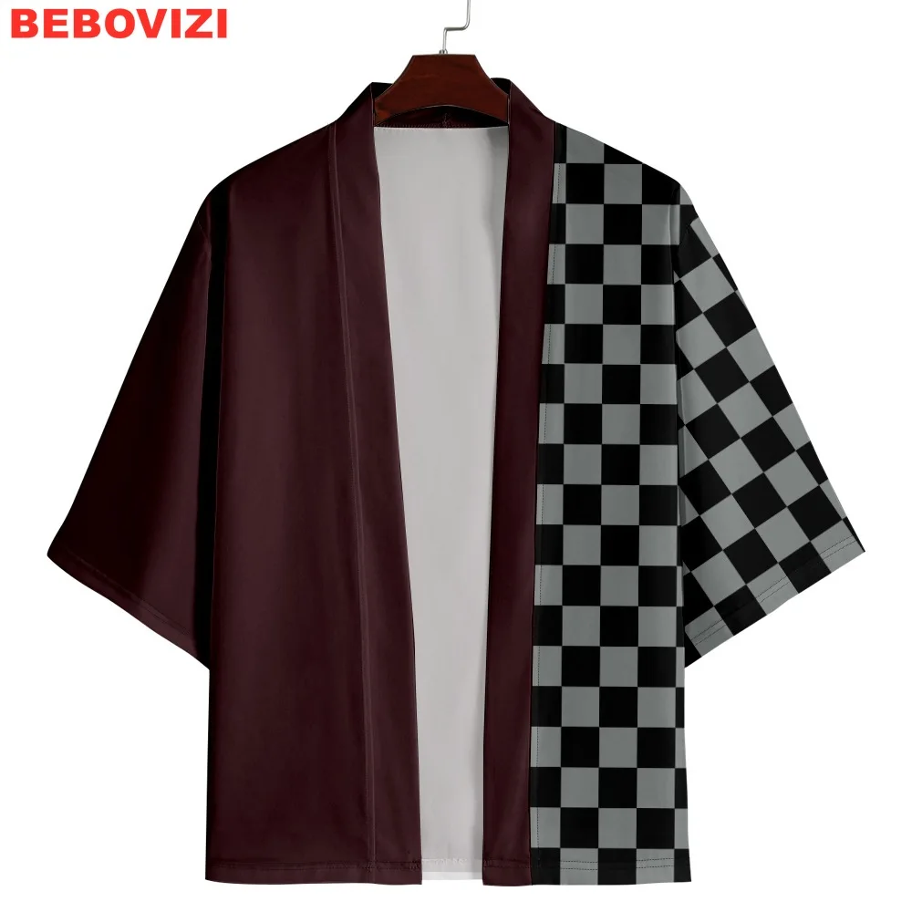 Checkerboard Print Cardigan Haori Fashion Beach Yukata Cosplay Japanese Kimono Streetwear Men Asian Clothing Samurai