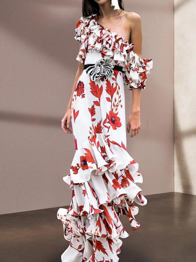 

Женское платье для отдыха на море, шикарная длинная юбка с оборками и косыми плечами, коллекция во французском стиле, маленькая дизайнерская юбка с принтом