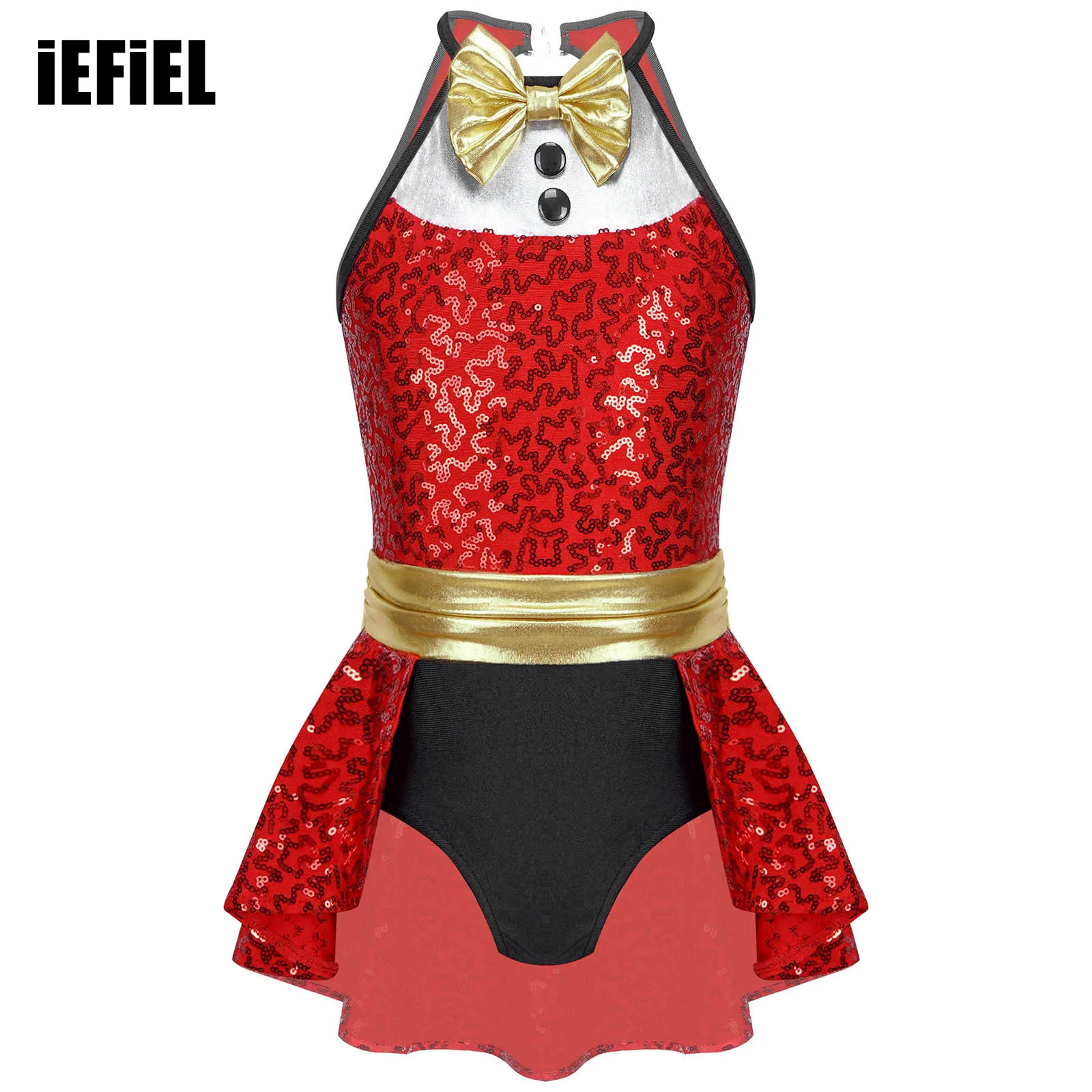 

Kids Girls Sequin And Bronzing Christmas Jumpsuit Bowknot Back Cutout Dress UP Cloth Patchwork Stage Costumes