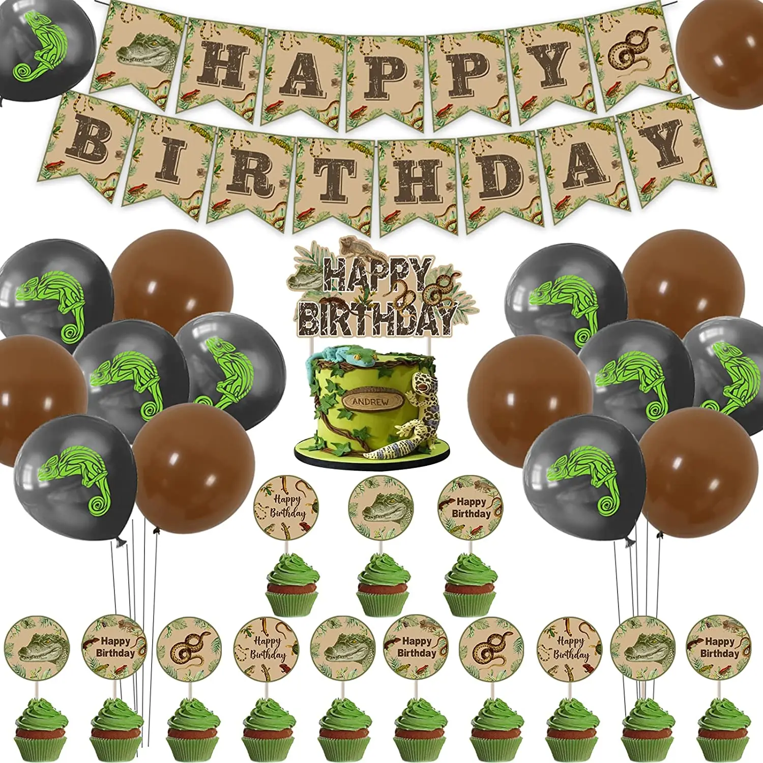 

Kreatwow-Reptile Birthday Party Decorations, Brown Banner, Snake Cake Topper Balloon, Lizard Jungle Safari, Wild One Animal Supp