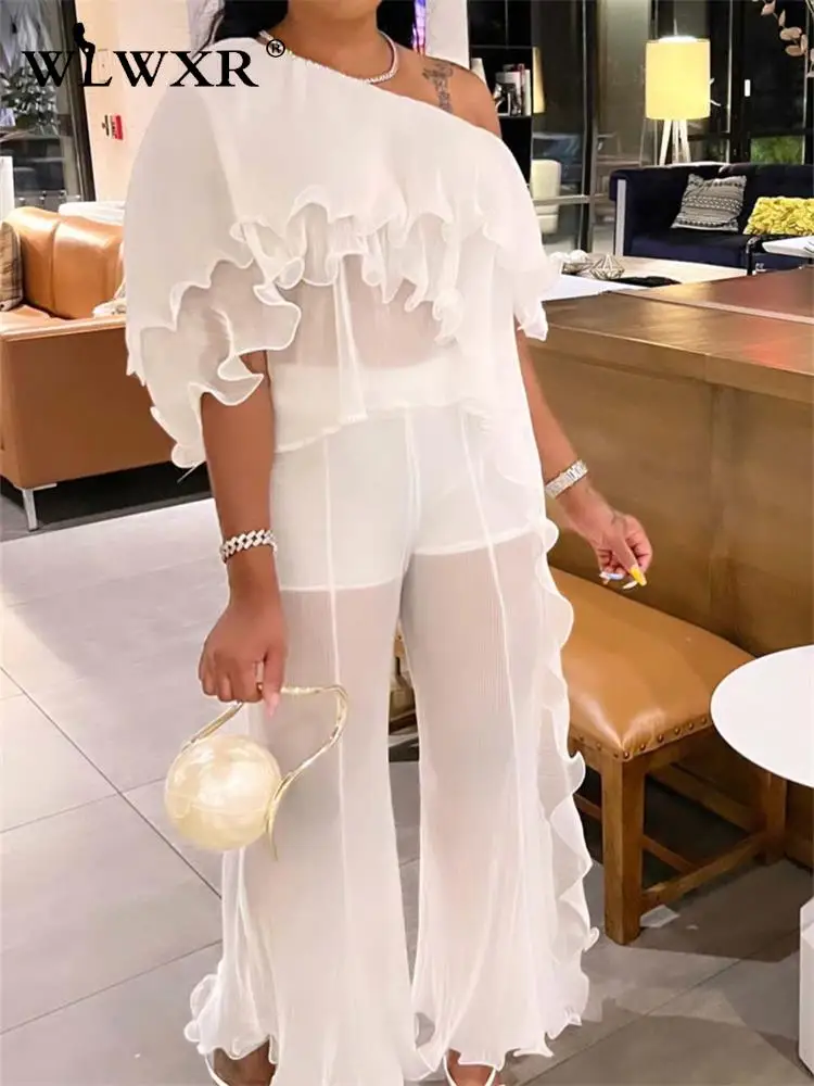 

WLWXR Fall Pleated Loose Mesh Two 2 Piece Sets Womens Outifits Ruffles Strapless Sleeveless Top White Baggy Pants Matching Sets