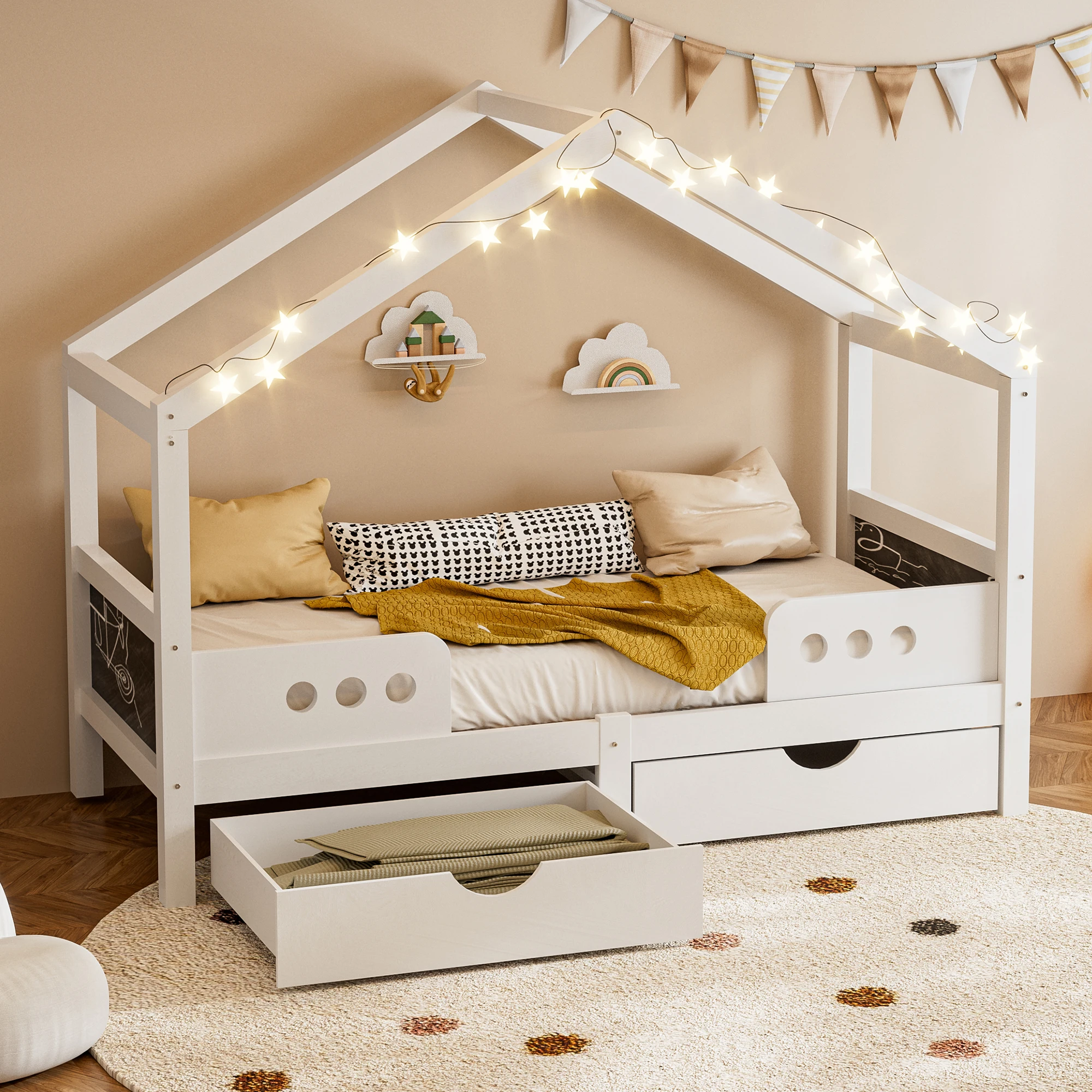KOMHTOM Kinderbett mit Dachdesign, 2 Großen Schubladen, Stabilem Holz-MDF-Rahmen, UV-Lackierung Geruchsarm – Detail 2
