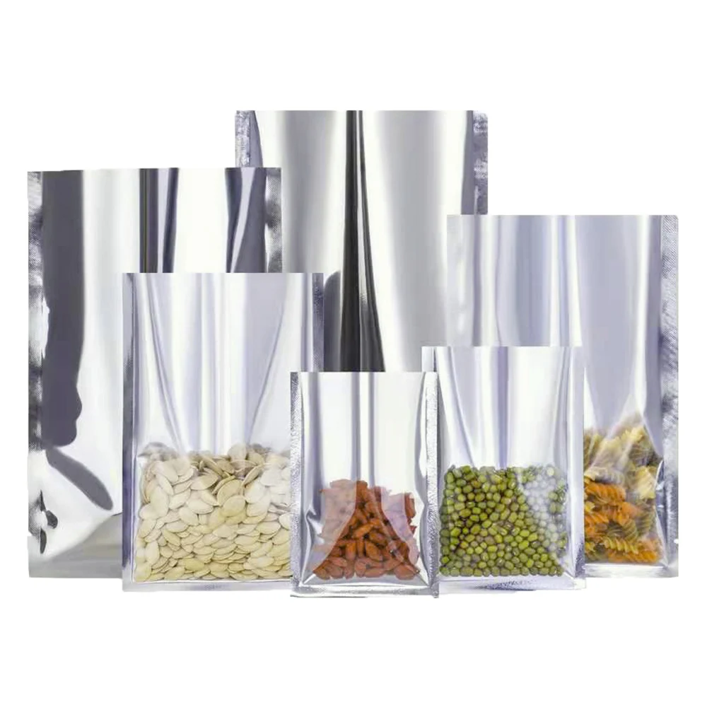 

100Pcs Clear Silver Open Top Aluminum Foil Heat Seal Pack Snack Nuts Vacuum Packing Bag Mylar Plastic Crafts Storage Bag