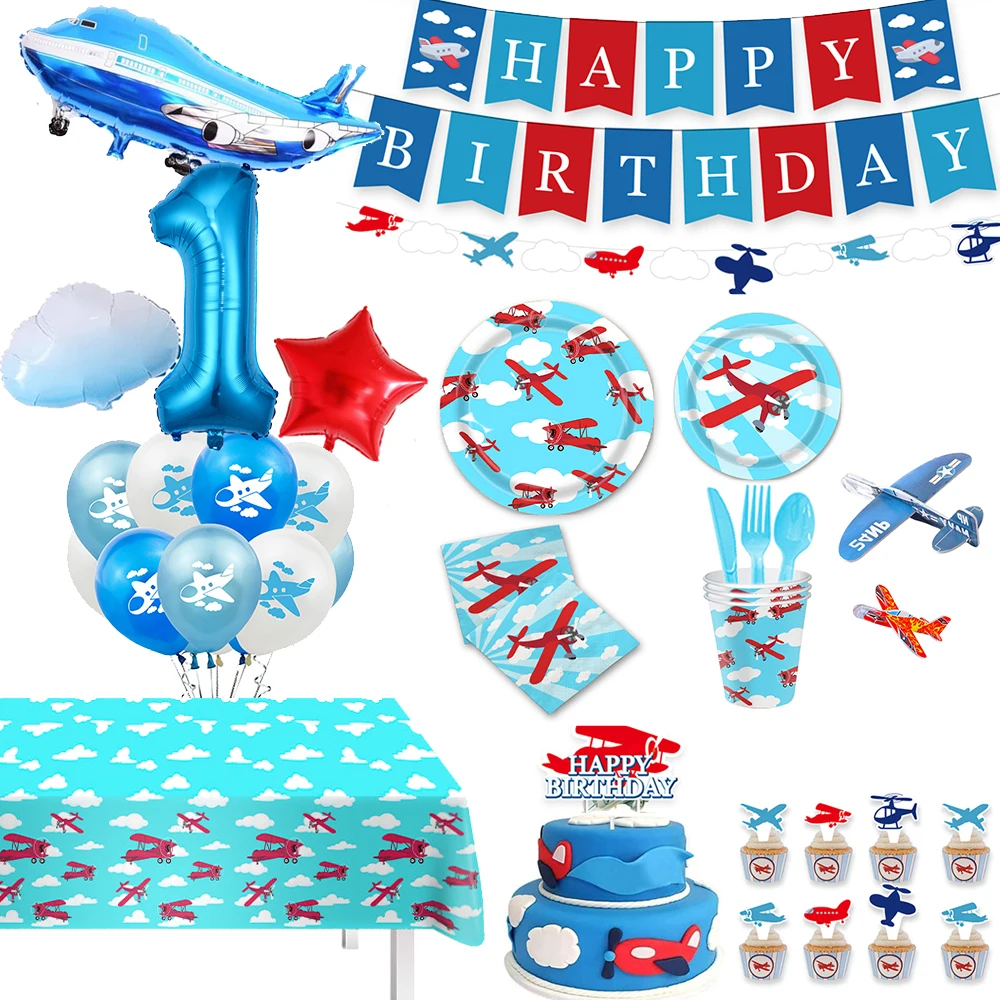 Flugzeug Party Einweg Geschirr Teller Tassen Folie Flugzeug Ballon Set Jungen Mädchen Kinder Flieger Flug Party Spielzeug Dekore Liefert