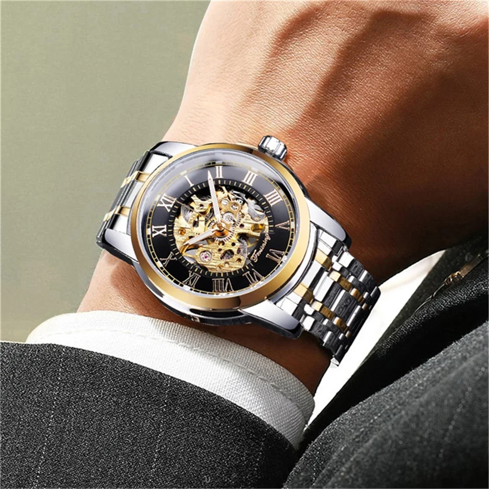 FORSINING Orologio da polso da uomo, con quadrante analogico e cinturino in pelle, meccanismo a carica manuale, Cinturino