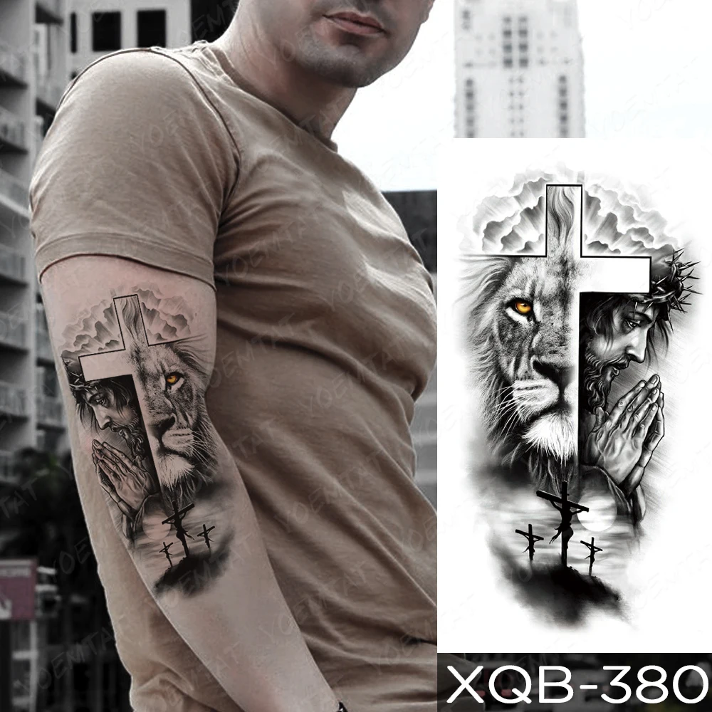 Waterproof Temporary Tattoo Sticker Crown Rose Flower Tiger Lion Warrior Cross Clock Body Art Arm Fake Tattoos Sleeve Women Men 4