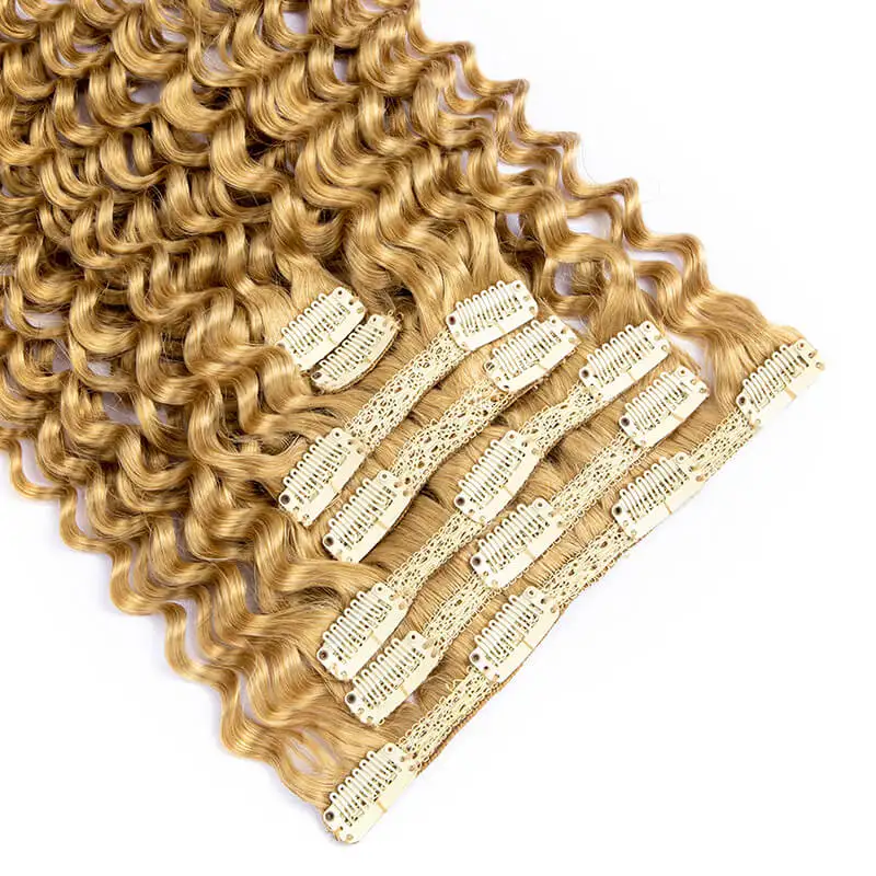 Lace Clip In Hair Extension Human Hair Deep Wave 7pcs/set Human Clip-in Extensions For Women 12-24Inch Honey Blonde 120g