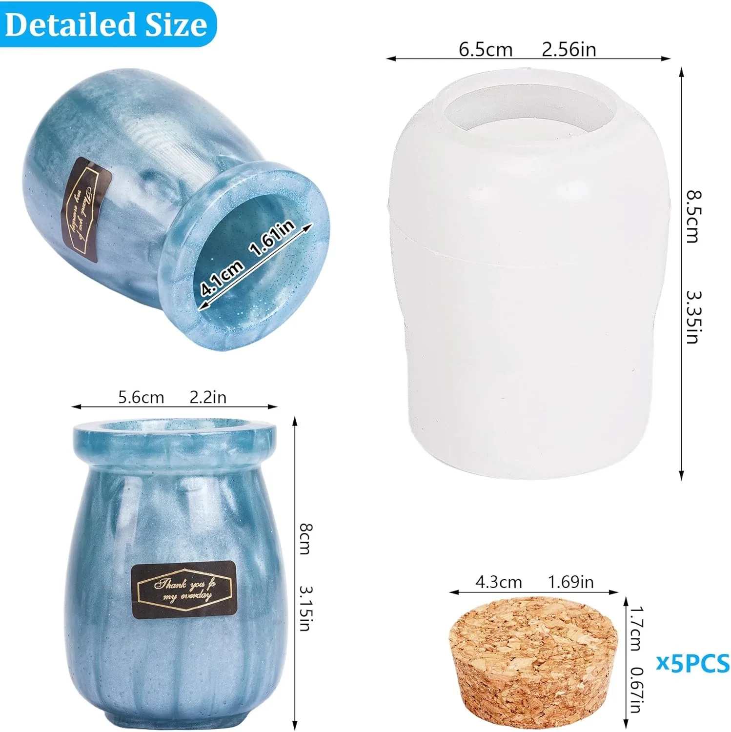 Silicone mold jar resin with 5pcs cork lids cute bottle for epoxy resin DIY stash jar storage bottle