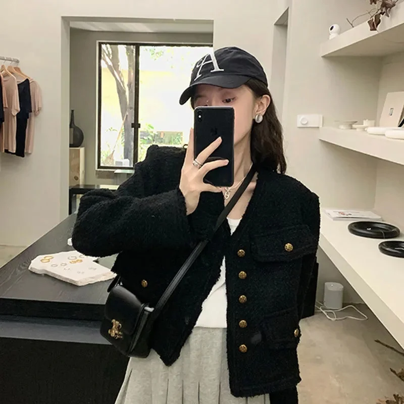 Style Small Fragrant Wind Coat Fat mm2023 Spring New Cover Meat Senior Sense of Temperament Black Tweed Top Solid Color Commute