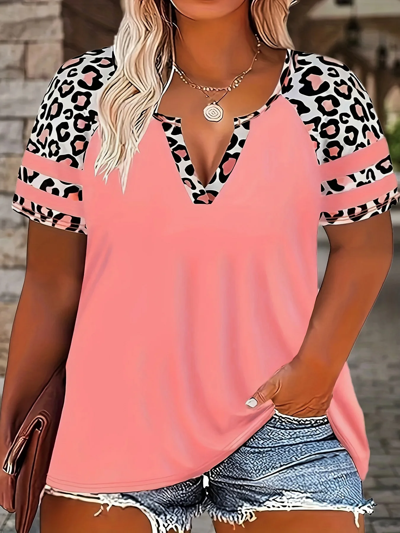 New 2025 Fashion Large Size Shirts Leopard Patchwork Print T-Shirt Casual Short Sleeve Top For Summer Women's Plus Size Clothing 1