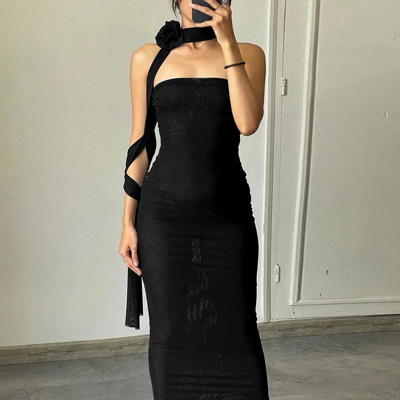 

2023 Mesh Flower Scarf Strapless Solid Elegant Sexy Bodycon Midi Prom Dress Summer Women Fashion Outfit Party Festival