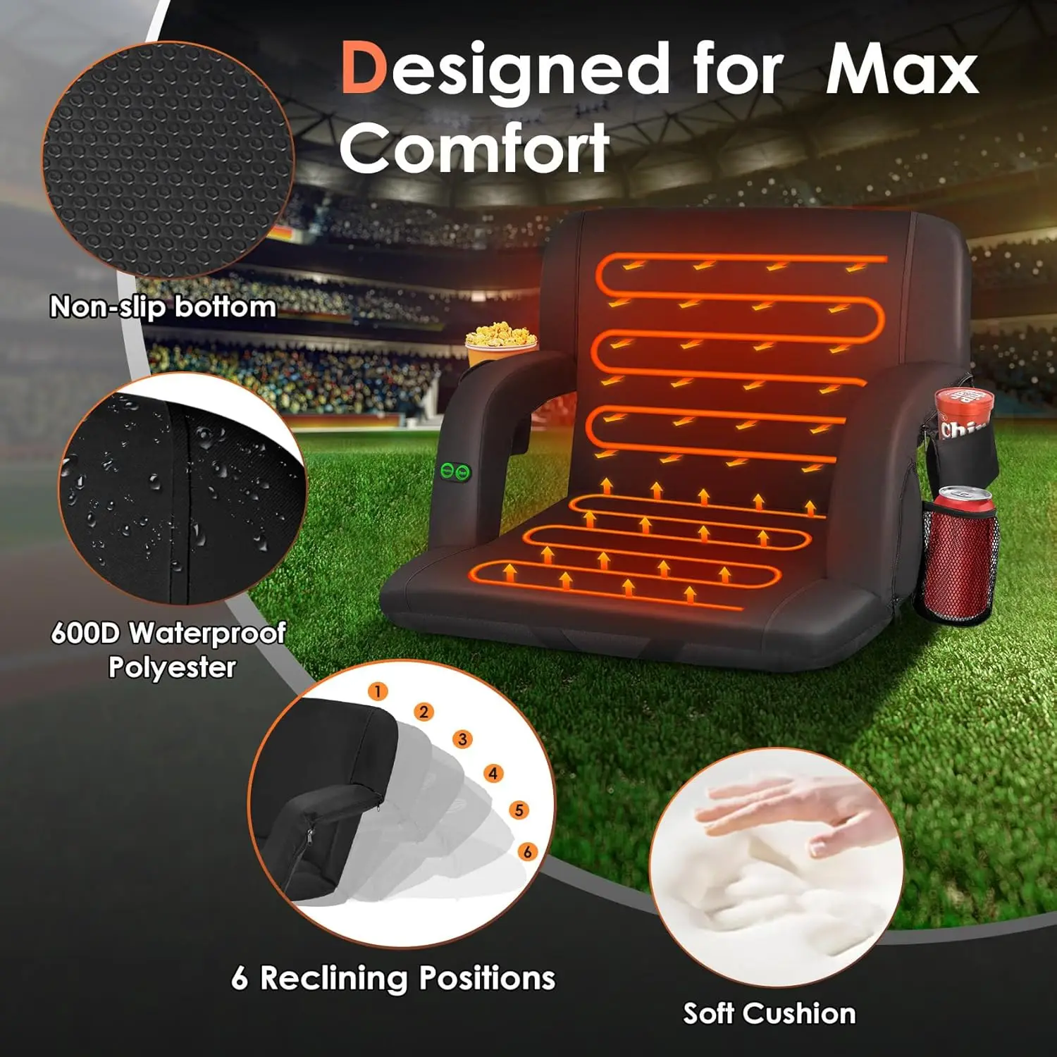 Stadium seat with storage pockets