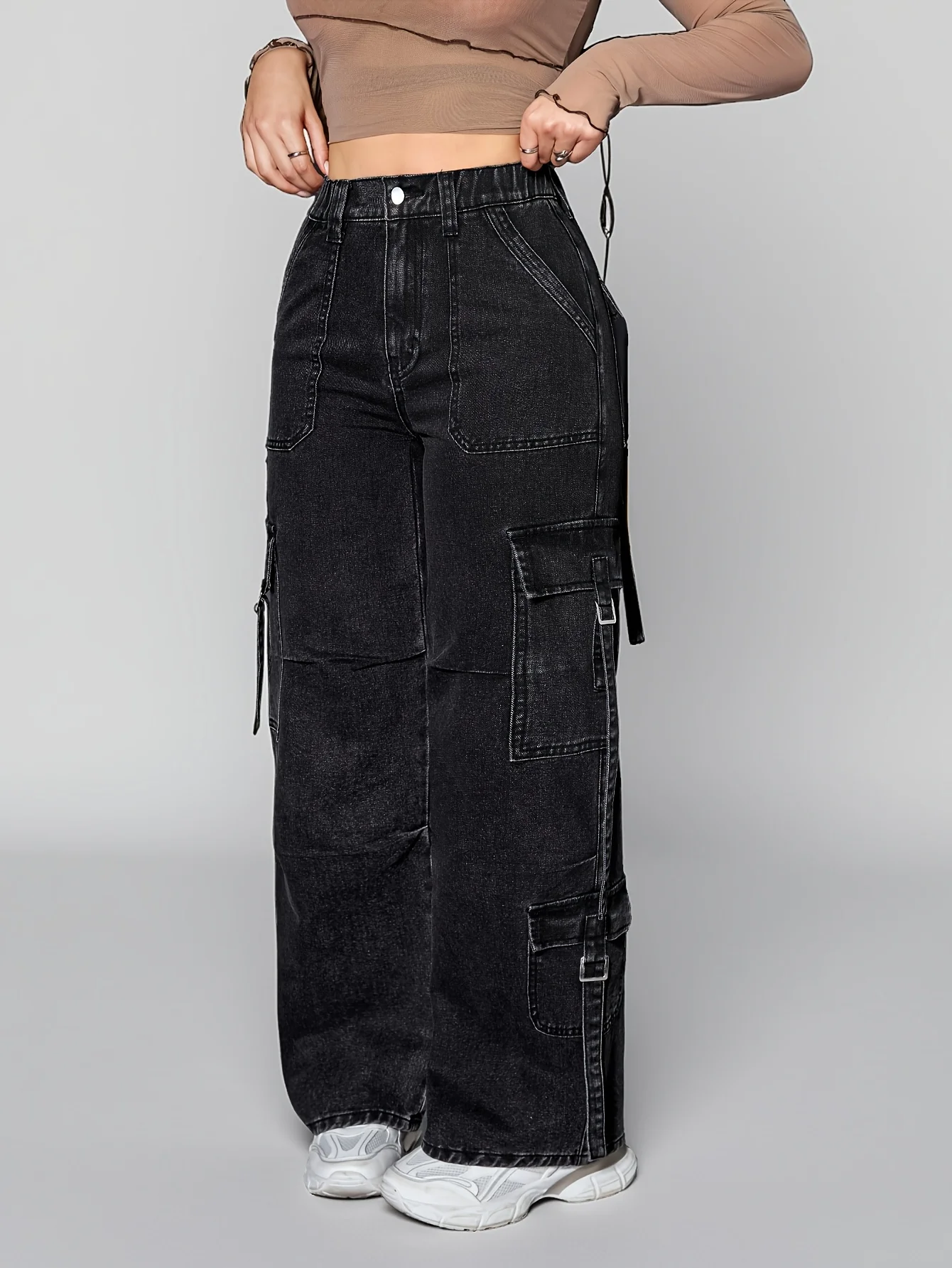 Jean de travail pour femmes avec poches à rabat, taille élastique, poches multiples, jean de travail multifonctionnel taille moyenne à jambes larges