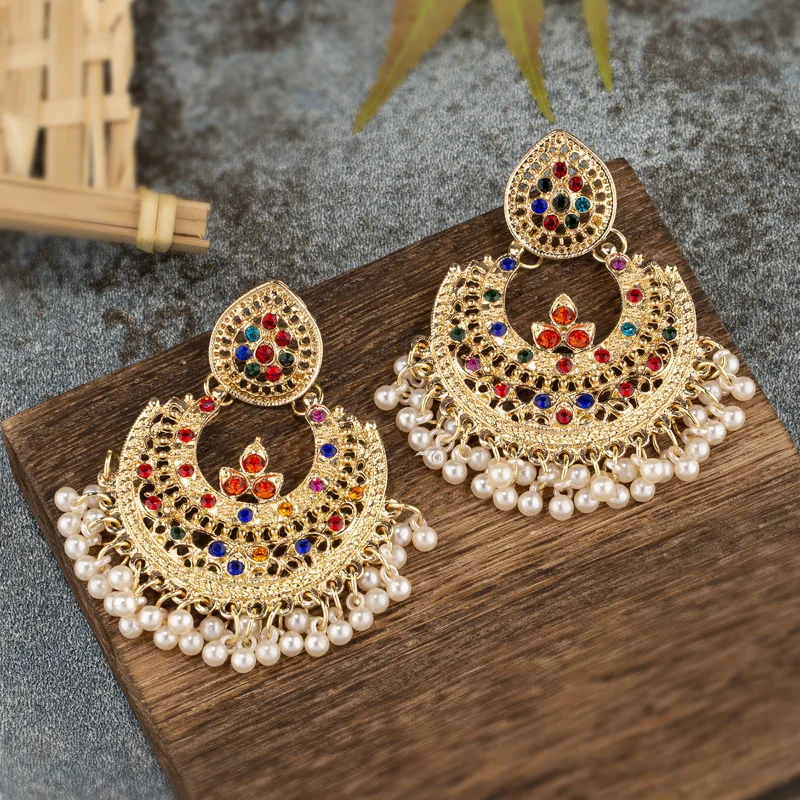 Exaggerated Pendant Earrings for Women Bohemian Colorful Zircon Crystal Pearls Tassel Earrings Retro Alloy Ethnic Indian Jewelry