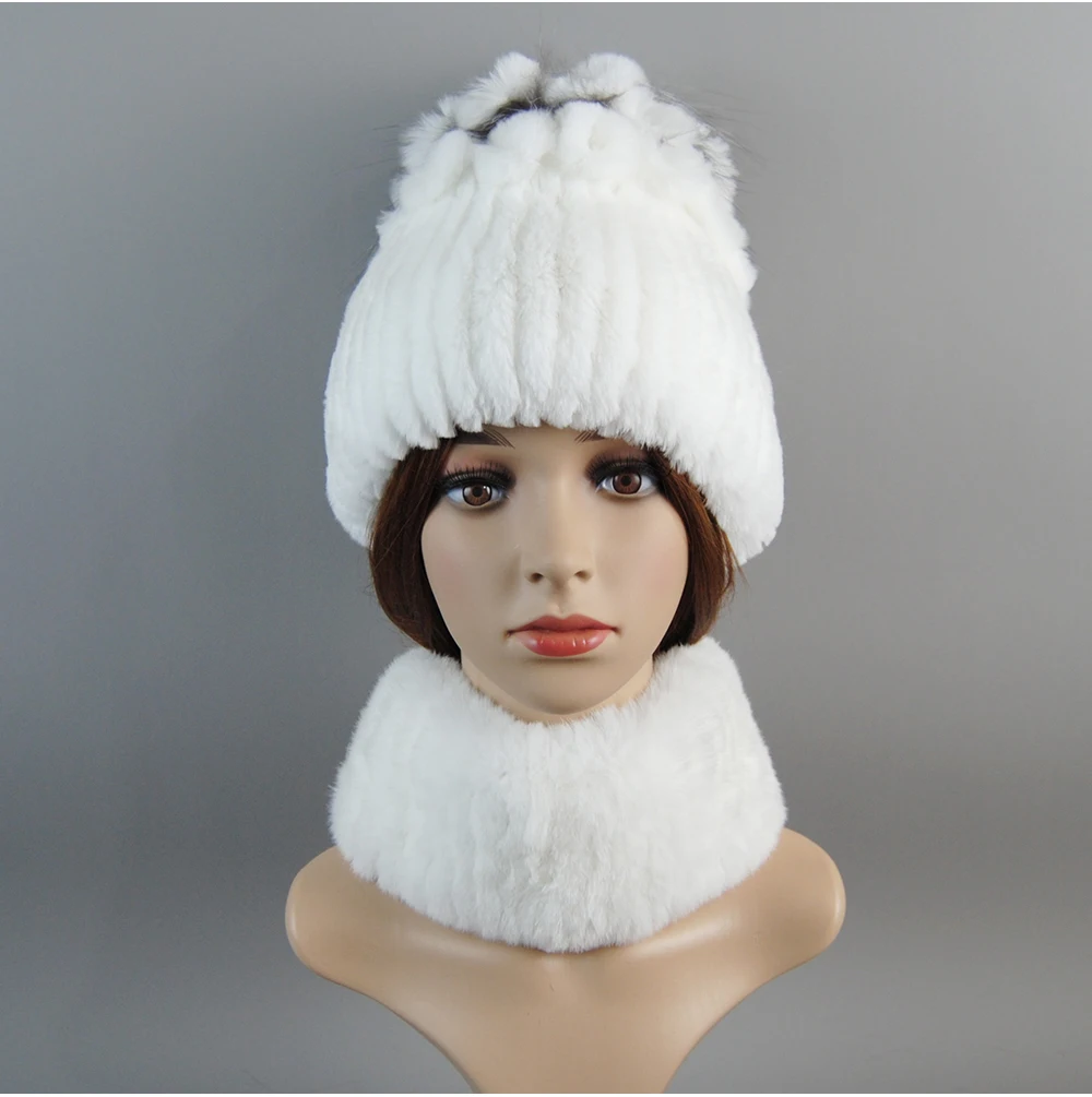 Real Rex Rabbit Fur Hat And Scarf Set Women Winter Knitted Beanie Hat Natural Fur Skullies Beanies Woman Hat Female Cap Elastic
