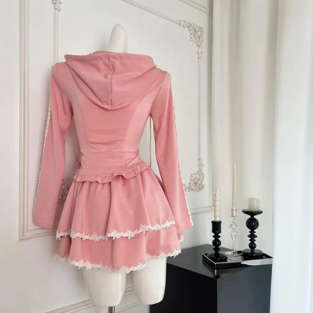 Conjunto de chándal de 2 piezas Y2K para mujer, con capucha y cremallera, abrigo ajustado con retazos de encaje y volantes, minifalda, moda coreana de otoño, conjuntos sólidos