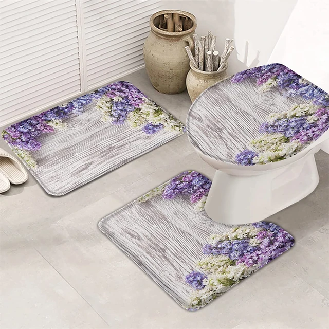 3 Piece Bathroom Rugs Set Bath Mat Purple Blossom Lilac Flowers on