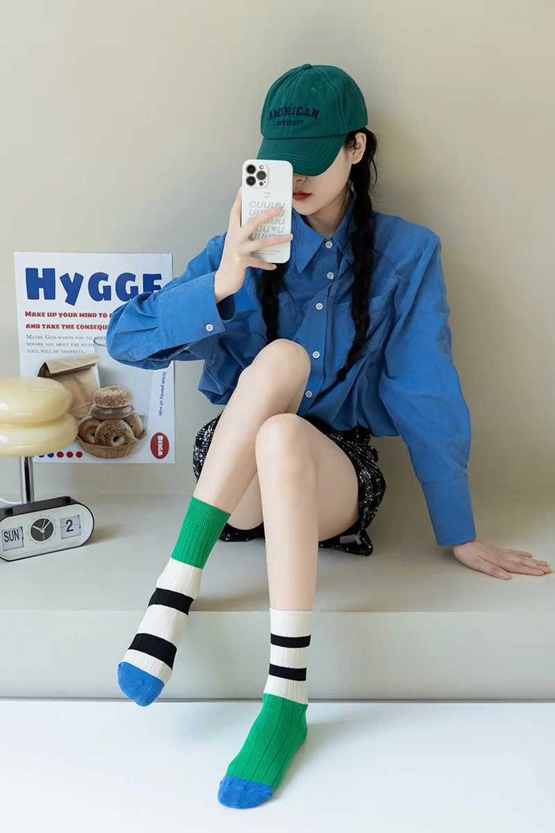 Retro Damensocken im koreanischen Stil, neue Neuheit, Baumwolle, lässig, gemischte Farben, japanischer Stil, AB-Socken, Damen, gestreifte Baumwollsocken, mittelgroße Socken – Detail 18