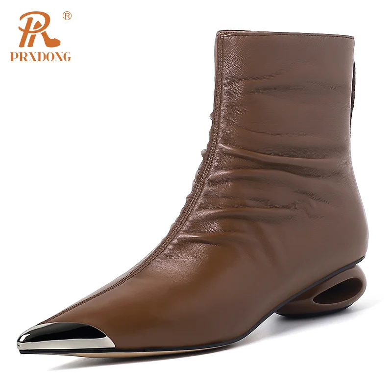 

PRXDONG Genuine Leather Women's Shoes 2023 New Fashion Autumn Winter Med Heels Pointed Toe Black Zipper Dress Party Lady Size 39