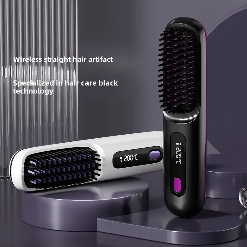 LCD Straight Hair Comb Portable Travel Hair Straightener Anti-Scald Heated Styling Brush USB Charging Cordless Straightener