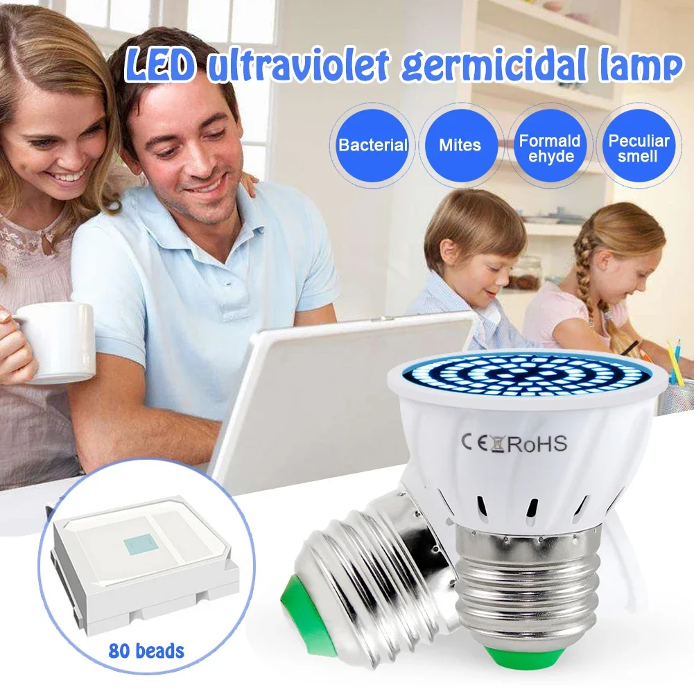 80LED UVC UV Light Disinfection Sterilizer Lamp E14 E27 MR16 GU10 Kill Mite Ultraviolet Ozone Germicidal Light Bulb Sterilamp